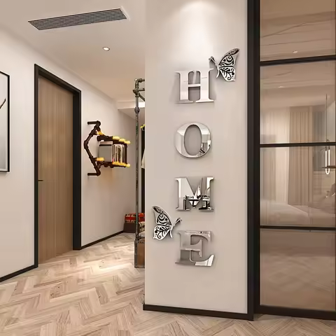 1 set/6pcs Two Butterfly HOME letter mirror decoration 1mm thick acrylic wall sticker, living room e