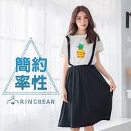 Round Neck Simple Fun Printed Short-Sleeved Fake Two-Piece Elastic Band Narrow-Waisted Sling Dress (