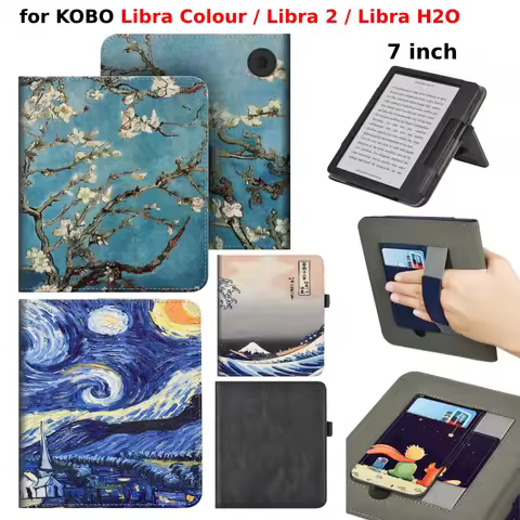 For KOBO Libra Colour/Libra 2/Libra H2O Case with Hand Strap Stand Card Slot 7 inch Leather Cover Eb