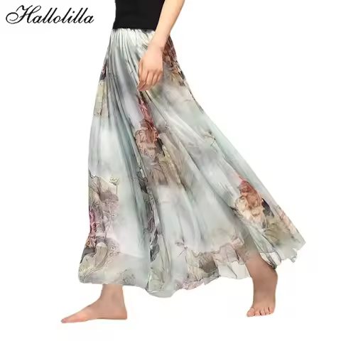 Vintage Bohemian Long Skirts Women Elegant Chiffon Saia Harajuku Beach High Waist Long Skirt Woman C