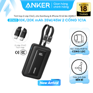 Sạc dự phòng Anker Zolo 20kmAh 45W | Tích hợp sẵn 2 cáp USB-C | 2 cổng 1C1A hỗ trợ sạc nhanh cho iPh