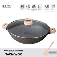 iGOZO 36cm Non-Stick Premium Granite Wok (Induction Base) with Glass Lid
