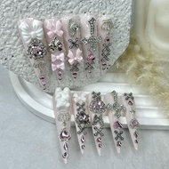 10PCS Y2K Pink Jirai Cute Long Handmade Press On Nails Shibuya Gyaru Bow Heart Cross Diamond Crown S