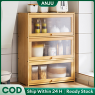 ANJU STORE Bamboo Kitchen Storage Cabinet 1/2/3Layers Dustproof Transparent Kitchen Wooden Dish Rack Organizer Cabinet