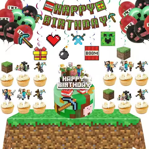Pixel Miner 8-Bit Video Game Birthday Party Decorations Block Building Eco‑friendly Tableware Set Pl