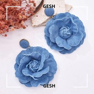 GESH Denim Blue Fabric Earrings, Handmade Ornament Blue Rose Earrings, Exaggerate Denims Flower Earr