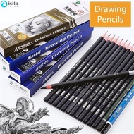 ISITA 12Pcs Sketch Pencils Black Pencils School Supplies 3B 4B 5B 6B 7B 8B 10B Hard Charcoal Soft Ch