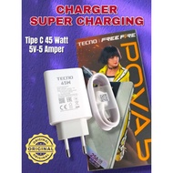 Charger ORI TECNO POVA 5 Super Fastcharging Type C 45 Watt 5V-5 A, Original Charger cable