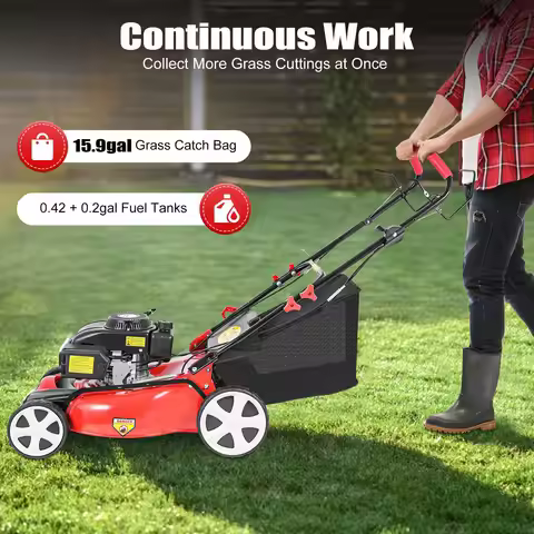 Self-Propelled Gasoline Lawn Mower with 140cc Four-Stroke Engine and 20in Cutting Width, 62.2x21.3x4