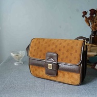 尋寶復古古董包-Lanvin焦糖棕logo麂皮多夾層信封肩背包