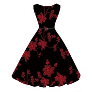 50S Retro Dress Sleeveless Hepburn Style Printed Dress with Belt