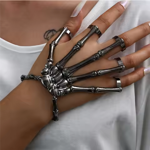 New Fashion Personality Punk Skeleton Hand Bone Versatile Five-Finger Ring Bracelet Adjustable All-I