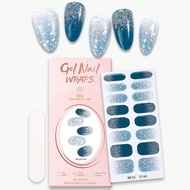16pcs Semi-Cure Gel Nail Strips, Blue Nails Glitter 3D Self-Adhesive Nail Full Wraps, Suitable For A