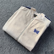 เสื้อแจ็คเก็ตผ้ากำมะหยี่ Needles Track สำหรับผู้ชายและผู้หญิง ปักลายผีเสื้อ สไตล์วินเทจญี่ปุ่น สายรั