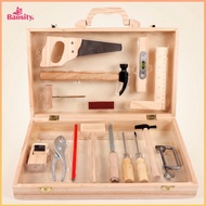 Baosity Metal Latches Wooden Toy Toolbox Realistic Wooden Toy Toolbox Workbench Hinged Lid Childrens