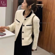 White Lena tweed evening gown with black trim, Elegant Korean evening gown, lady