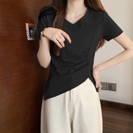 T Tel: 2026V Collar Slim-fit Short Hot Girl Front Shoulder T-Shirt Women Short-Sleeved Design Niche 