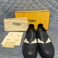 FENDI 怪獸 藍黑色拼麂皮休閒鞋 懶人鞋 皮鞋 真皮 平底鞋