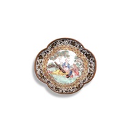 A Canton enamel 'foreigners and guqin' saucer dish, Qing dynasty, 18th century | 清十八世紀 銅胎畫琺瑯洋人鼓琴圖委角小