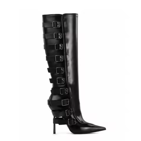 Pointed Belt Buckle High Heel Short Boots Black Brown Color Matching Catwalk Fashion Ankle Boots Siz