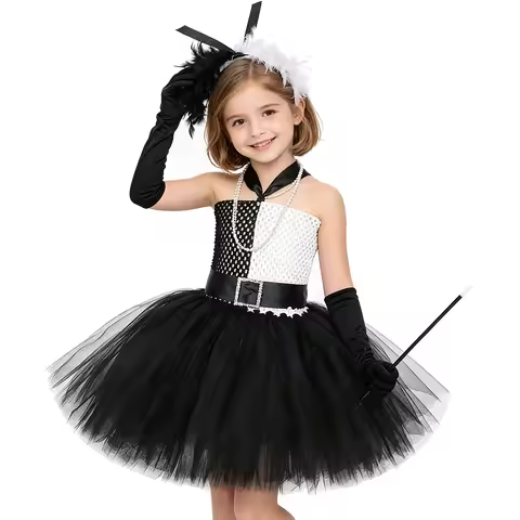 Kids Vintage 1920s Flapper Tutu Dress for Girls Black White Cruella Halloween Costume with Feather H