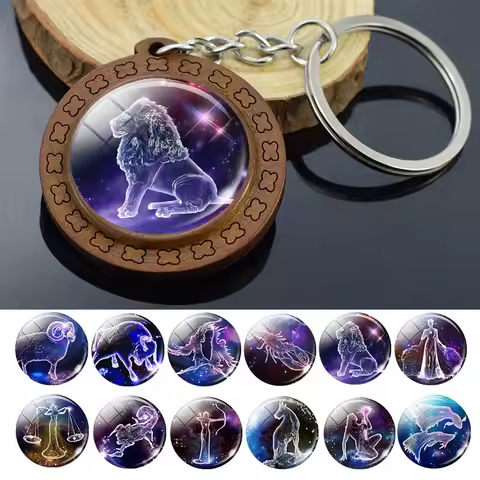 12 Constellation Keychain Wooden Pendant Zodiac Sign Keychain Aries Taurus Gemini Cancer Leo Scorpio