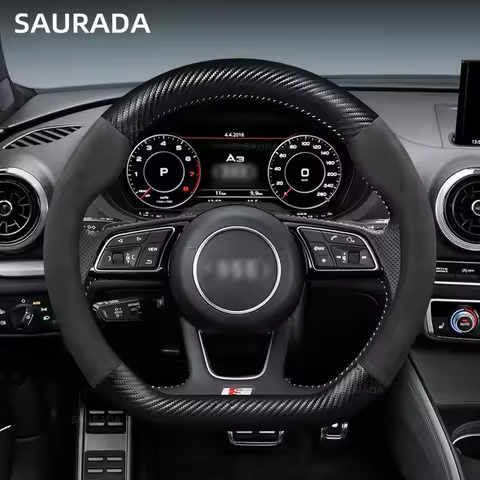 38cm Carbon Fiber PU Leather Car Steering Wheel Cover For Audi A3 8P 8L 8V S3 RS3 Q3 S Line 2014-202