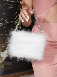 SHEIN BAE 時尚女性純色鴕鳥羽毛和鑽石裝飾手拿包和手提袋,適用於派對、雞尾酒會、舞會、俱樂部、約會、生日、約會之夜