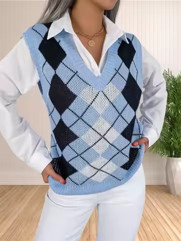 Women's Loose V-Neck Preppy Style Argyle Plaid Knitted Sweater Vest