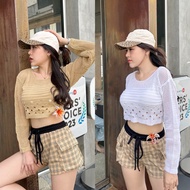 SpinnyHouse Crop Top Round Neck Long Sleeves Woven Silk Fabric With Openwork Pattern Beachwear For G