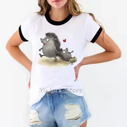 Summer 2024 Funny Cute Hedgehogs Animal Print Female T-Shirt Women White Short Sleeve T Shirt Ringer