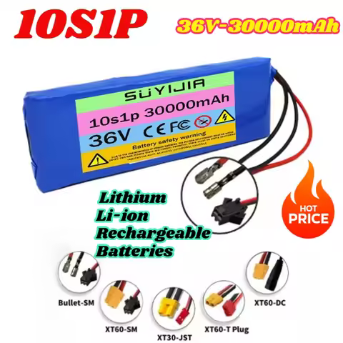 New 10S1P 36V 30000mAh Battery Pack 30Ah 18650 Lithium Li-ion Rechargeable Batteries 20A BMS 500W,eq
