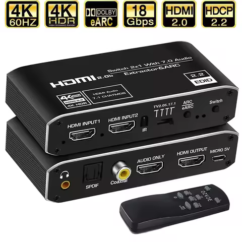 2x1 4K 120Hz HDMI Switch eARC Audio Extractor ARC & Optical Toslink HDMI 2.0 Switch 4K HDMI Switcher