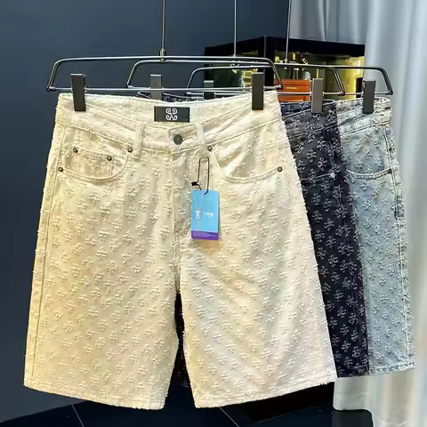 Workwear Pants, Washed Denim Shorts, Men's Denim Shorts, Designer High Street Fashion Loose Fit Fir 