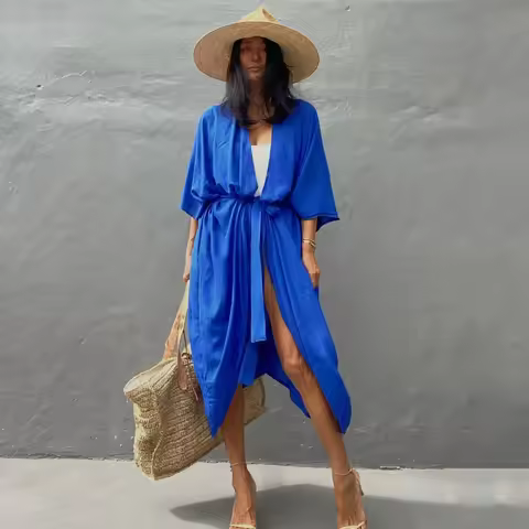 Kimono 2025 Beach Robe Maxi Long Dress Cotton Bikini Cover Ups Beachwear Sarong Women Loose Cardigan