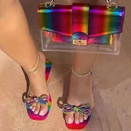 KT1 Xia Fangtou rhinestone bow dazzling color flip-toe flat slippers women's large size colored diam