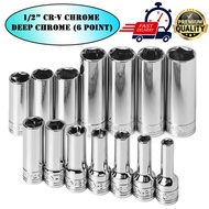 1/2” (6PT) Deep Length CR-V Chrome 6PT Socket Box 8mm-32mm ( SOCKET WRENCH Box Socket)