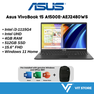 Asus VIVOBOOK 15 A1500E-AEJ2480WS (Indie Black ) Laptop (Intel Core i3-1115G4U, 4GB, 512GB, Intel UHD, 15.6'' FHD, W11, HS)
