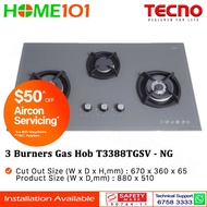 Tecno Glass Cooker Hob 3 Burners T3388TGSV - Nardo Grey - LPG / PUB - FREE INSTALLATION