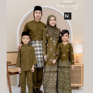 Sedondon Family Set Baju Kurung Songket Olive Green Plus Size Corak Bunga Tabur Printed Saiz Besar  Baju Raya