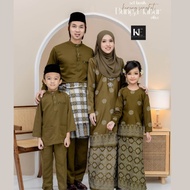 Sedondon Family Set Baju Kurung Songket Olive Green Plus Size Corak Bunga Tabur Printed Saiz Besar  