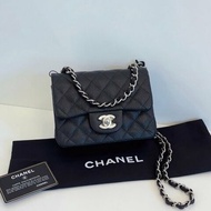 閒置新 香奈兒/Chanel 黑銀荔枝皮 魚子醬CF方胖子鏈條包
