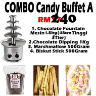 combo set Candy Buffet DIY 4 in 1 Mesin Fountain 4tier, Marshmallow 500gram, Biskut Jari 500gram &amp; Chocolate 1kg