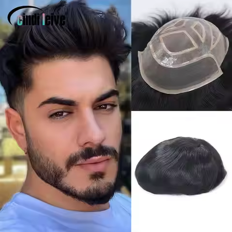 6x8/6x9/7x9/7x10 Lace Mono With PU Toupee Men #1B Lace Front Male Wig Human Hair Piece Toupee Men's 