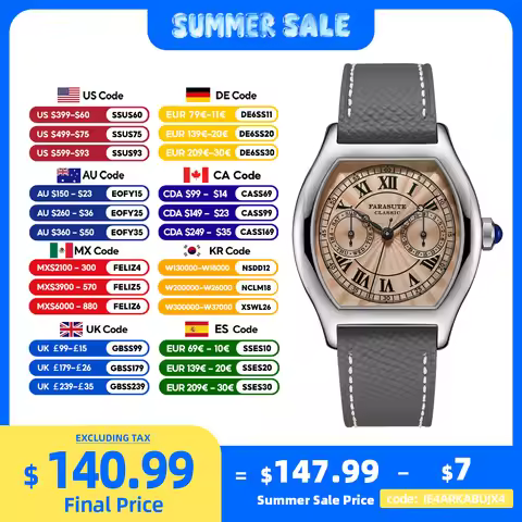 FARASUTE 36mm Luxury Retro Men Quartz Watch VH64 Movement Stainless Steel Sports Fashion Sapphire Gl