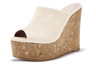 LAICIGO Womens Wedge Platform Slide on Sandals Open Toe Cork Faux Suede Dress Summer Slippers Shoes