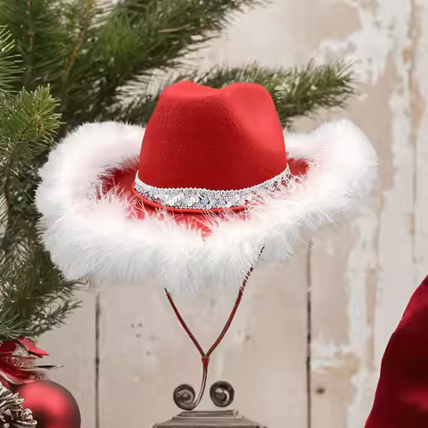 Christmas Cowgirl Hat for Women Western Feather Trim Red Cowgirl Hat with Chin Strap Holiday Party A