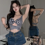 Summer Outer Wear Sexy Hollow Halter Neck Halter Houndstooth Camisole Women Pure Desire Sweet Hot Girl Tube Top Short Top