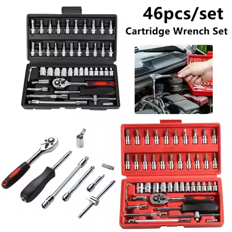 46pcs 1/4 Inch Drive Socket Set Ratchet Wrench Set Car Tool Kit, Bit Socket Wrench Set Metric Mechan