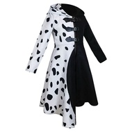 Women Evil Madame Cruella De Vil Costume Cosplay Gown Black White Maid Dress  Halloween Party Fancy 